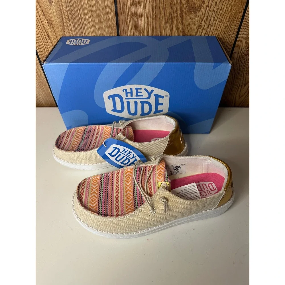 Hey Dude Wendy Boho Festival Natural Gold Geometric Slip On Shoes Kids Size 5